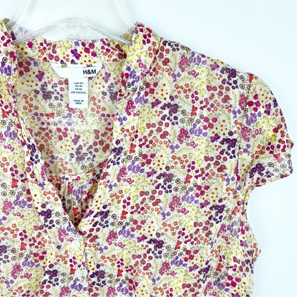 H&M Cottagecore Ditsy Floral Button Down Top Cotton Medium 10 Dainty Yellow Pink - Picture 2 of 7